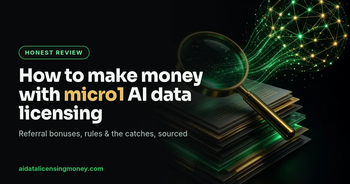 How to make money with micro1 AI data licensing: magnifying glass reviewing data files feeding an AI network