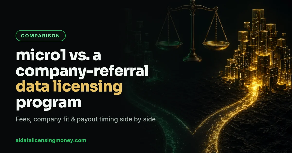 micro1 vs company-referral data licensing program: balance scale comparing two glowing data paths