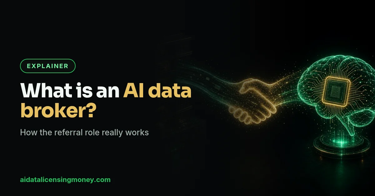 What is an AI data broker: a light handshake connecting a company building to an AI brain chip